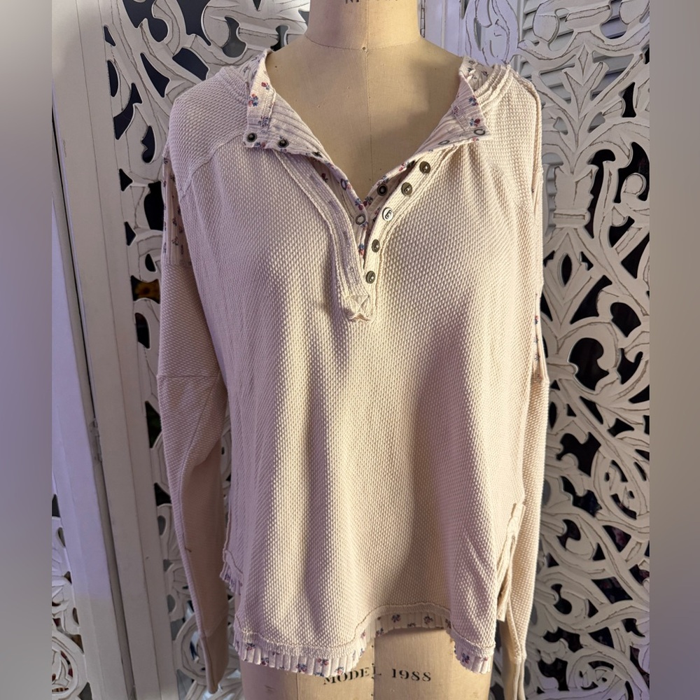Free People Cream Thermal Button Detail Shirt